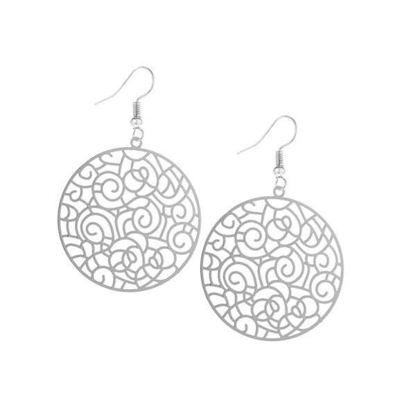 Silver Circular Abstract Filigree Laser Cut Earrings - Picture 1 of 3